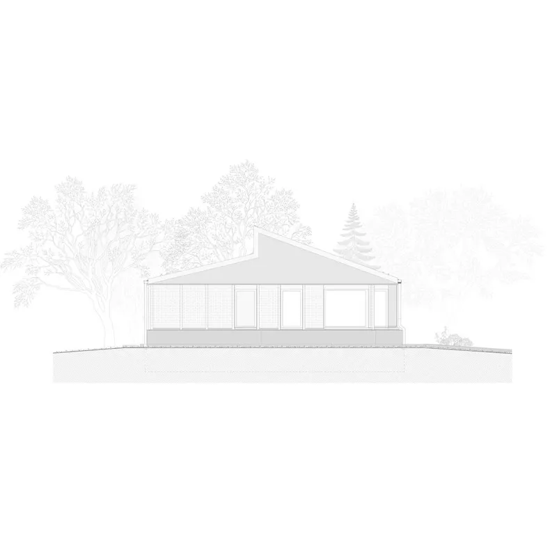 Elevation drawing showing a gabled volume with vertical cladding and glazing set among trees