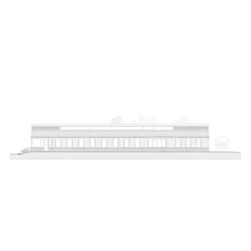Elevation drawing showing a horizontal pavilion with floor-to-ceiling glazing beneath a flat roof with clerestory