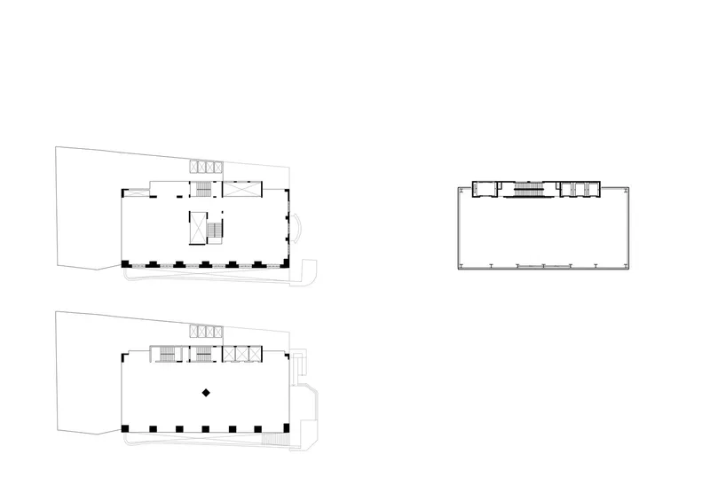 Floor plan drawing showing three levels with open floor plates and service cores