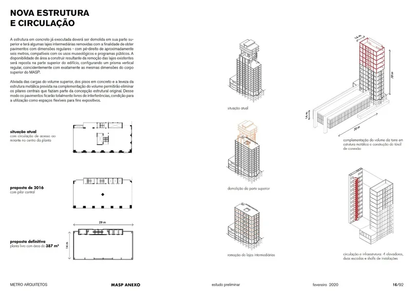 Diagram page with axonometric drawings and floor plans illustrating structural and circulation concepts