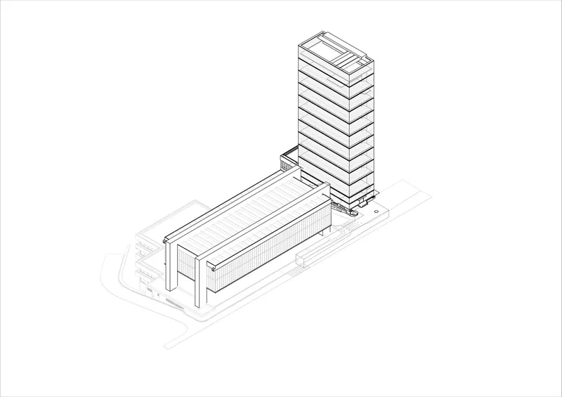 Isometric drawing depicting a tall tower alongside a low horizontal volume on a site plan base