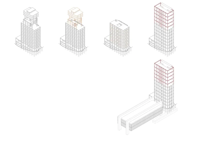Diagram sequence showing structural framework evolution from enclosed volumes to exposed red structural grids in the tower