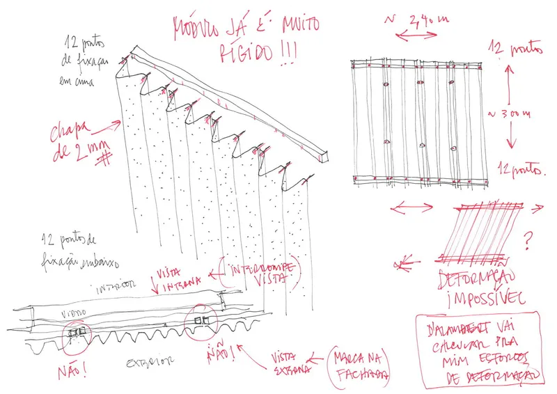 Hand-drawn sketch with annotations detailing angled structural members and panel connections at the facade