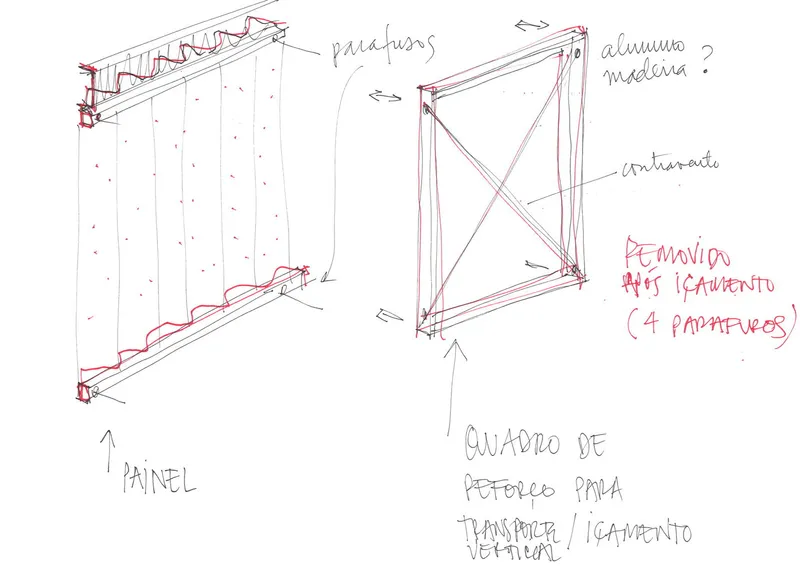 Sketch showing removable facade panels with cross-bracing and mounting details annotated in red ink
