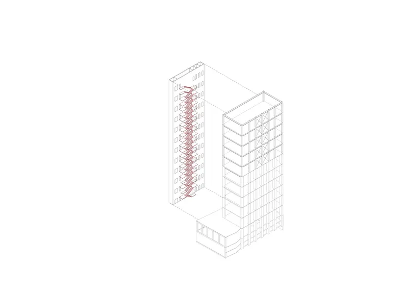 Axonometric drawing highlighting the red vertical circulation core within the tower's transparent structural frame