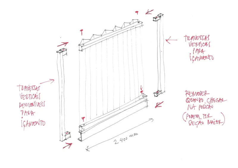 Axonometric detail drawing of a vertical panel system with horizontal supports and mounting brackets
