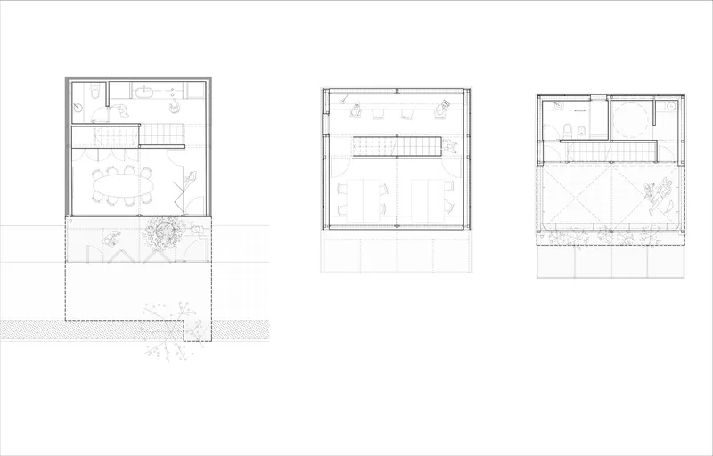 Floor plan drawings showing three levels with kitchen, dining area, terrace, and courtyard garden