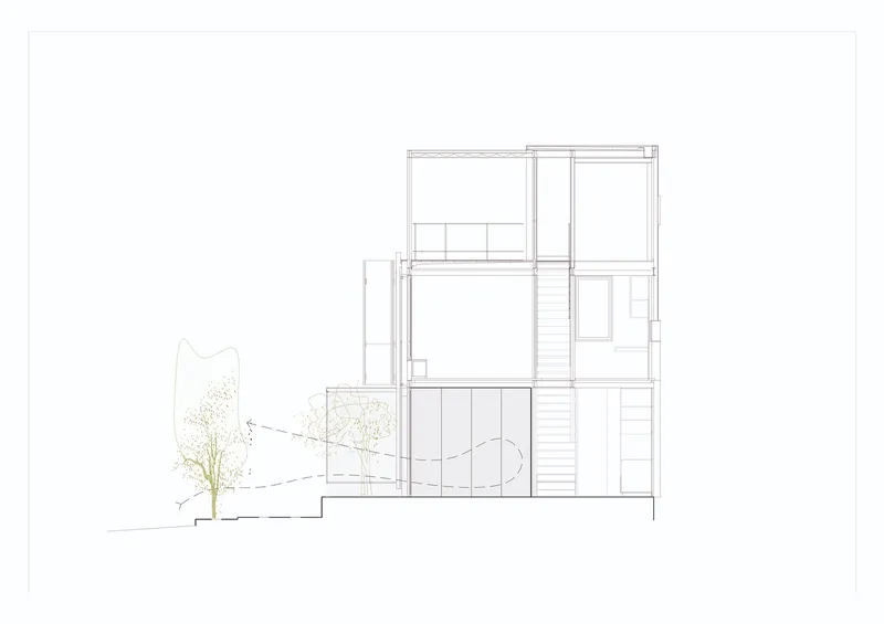 Section drawing revealing three stacked levels with interior stairs and a tree in the courtyard