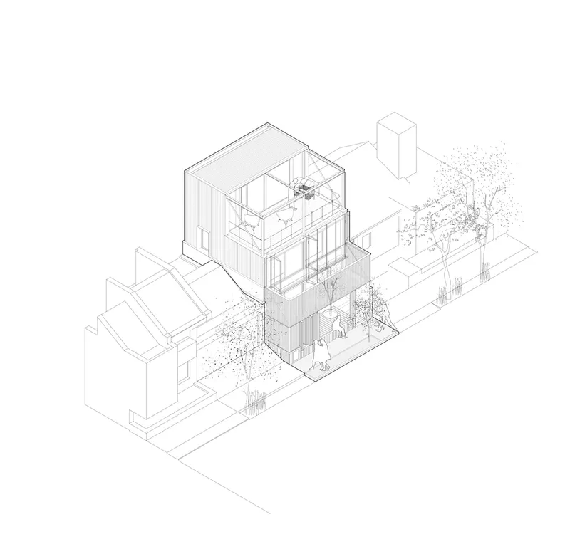 Axonometric drawing of a multi-level house with planted courtyard gardens between neighboring volumes