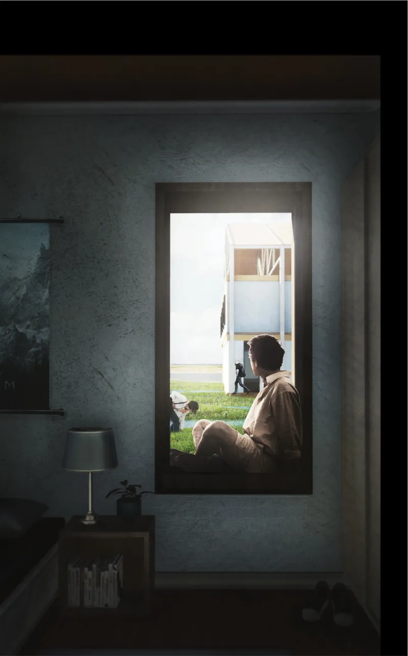 Person seated in deep window recess looking out to grassed courtyard beyond concrete walls