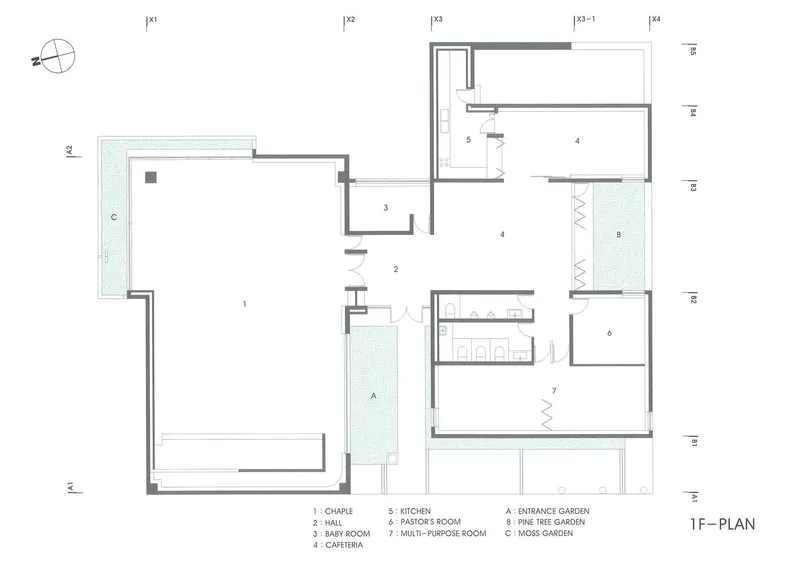First floor plan drawing showing rooms arranged around three garden courtyards