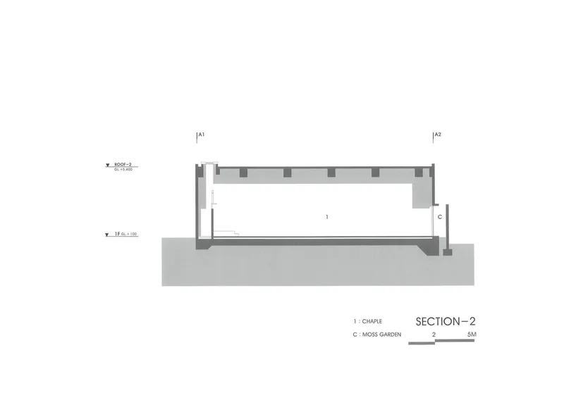 Section drawing showing a single volume with evenly spaced roof openings above