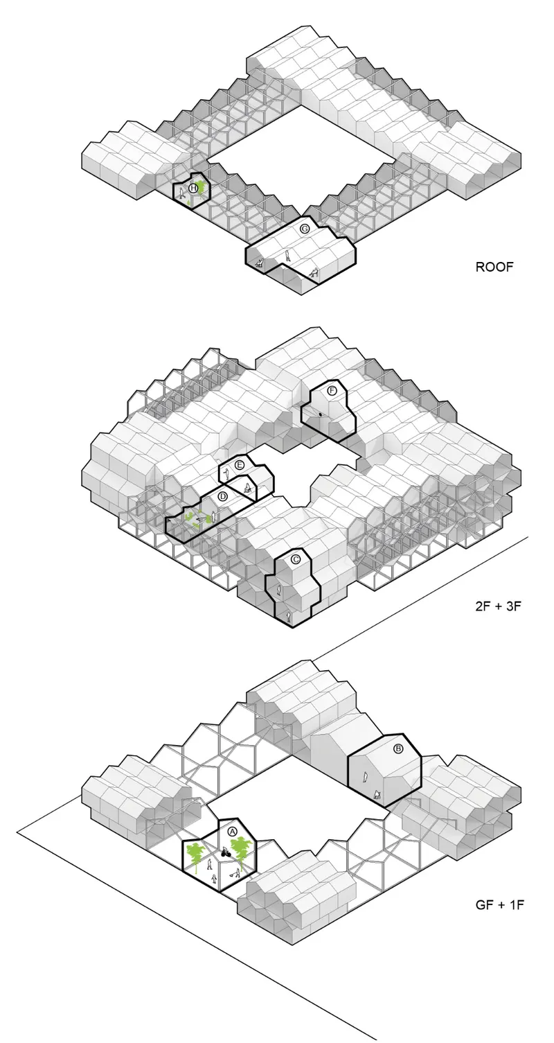 Exploded axonometric drawings showing three floor levels of a modular honeycomb structure with a central courtyard