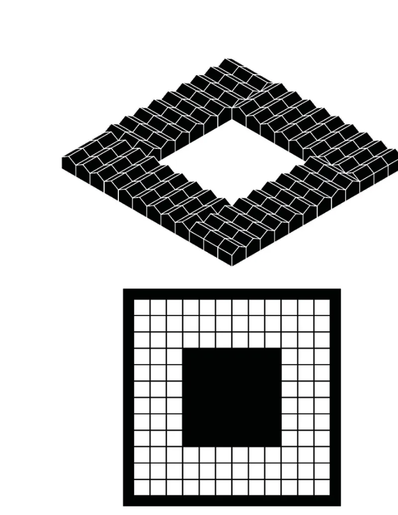 Isometric and plan view diagrams of a square-framed honeycomb module with gridded components