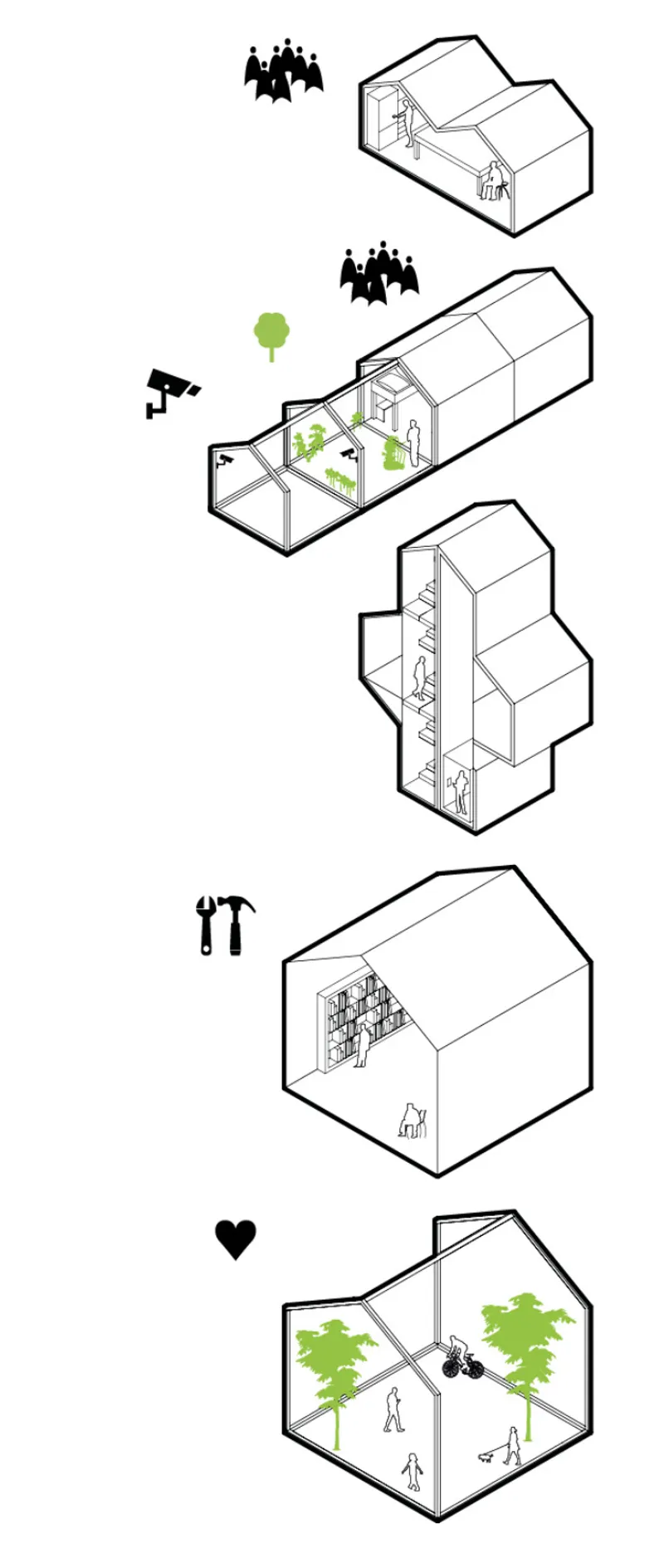 Axonometric diagram showing hexagonal dwelling modules with interior activities, trees, and symbolic icons