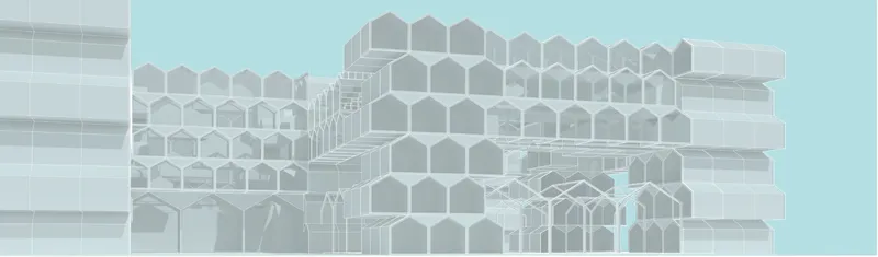 Elevation drawing of a honeycomb-patterned facade composed of house-shaped modules against a clear sky
