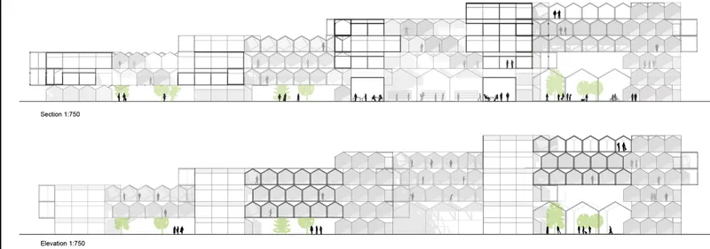 Section and elevation drawings of the honeycomb housing complex with figures and trees indicating scale