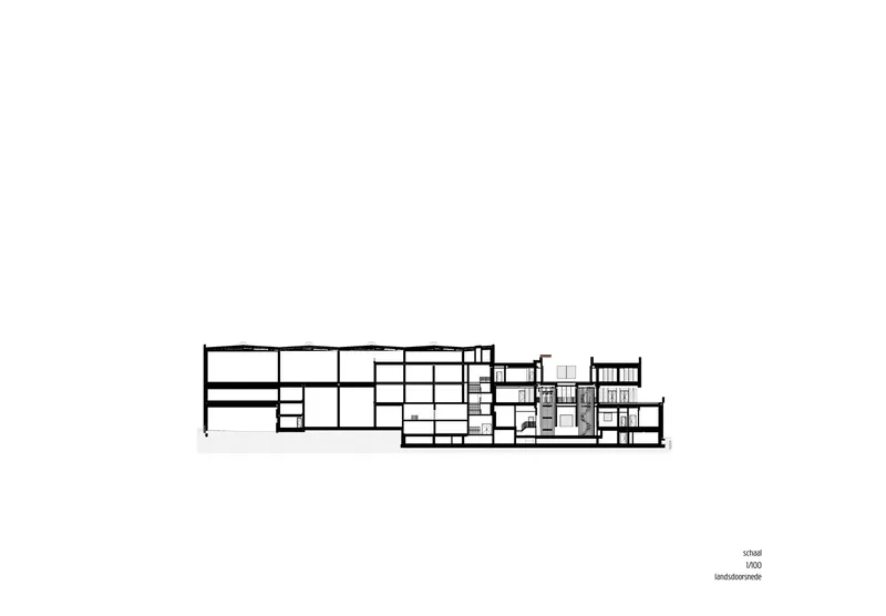 Section drawing revealing varying ceiling heights and layered interior spaces across the building
