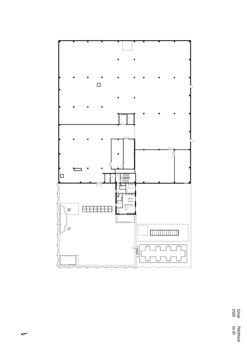 Floor plan drawing showing a large open hall with scattered columns and smaller attached volumes