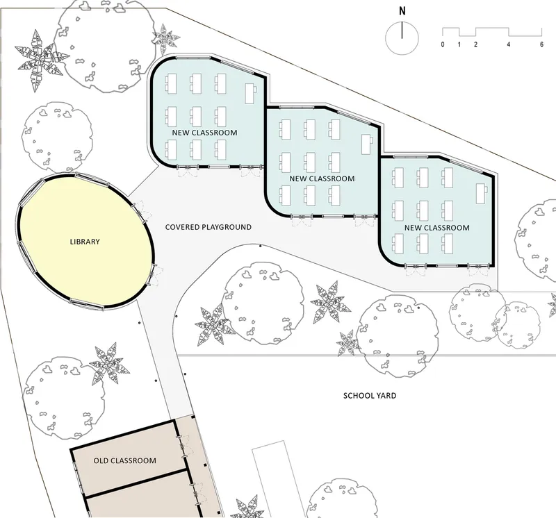 Site plan drawing showing a circular library, three stepped classrooms, covered playground, and landscaped school yard