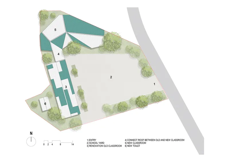 Site plan drawing showing buildings, courtyards, trees and a road with north arrow and legend