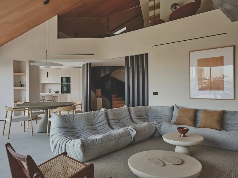 Open-plan living space with curved timber ceiling, vertical slat partition, and double-height volume above dining area