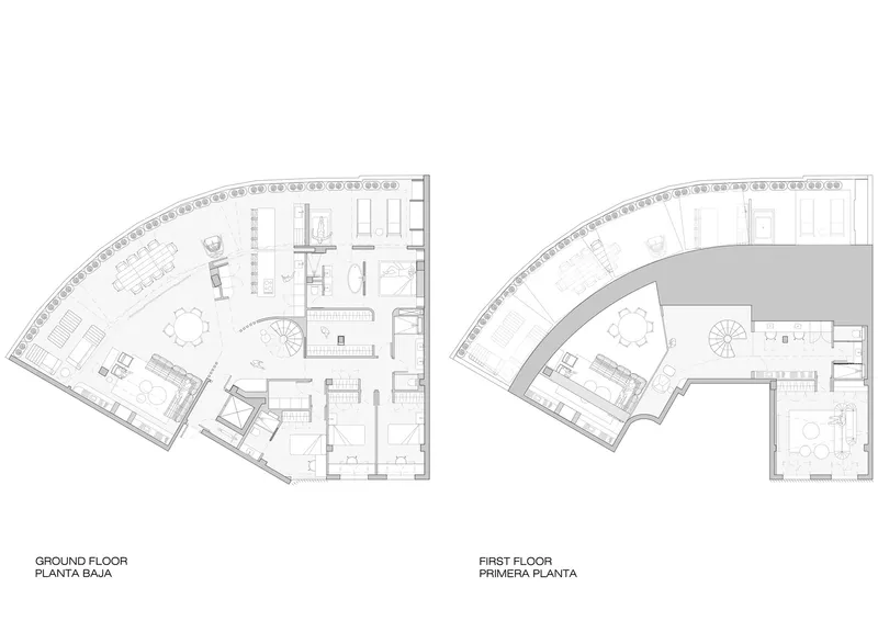 Floor plan drawings showing ground level and first floor layouts of a wedge-shaped residence with spiral stair