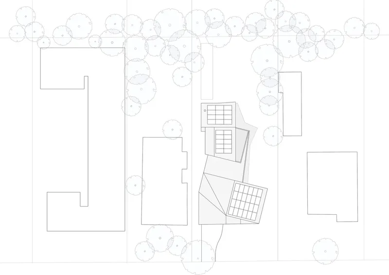 Site plan drawing showing angled building footprint among neighboring houses and tree canopies