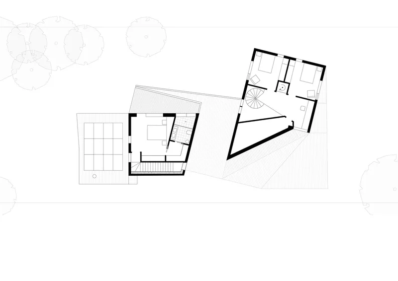 Upper floor plan drawing showing two bedrooms connected by a triangular circulation space