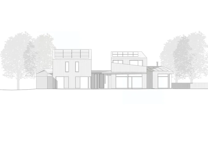 Elevation drawing of a residential complex with vertical cladding and rooftop terraces among trees