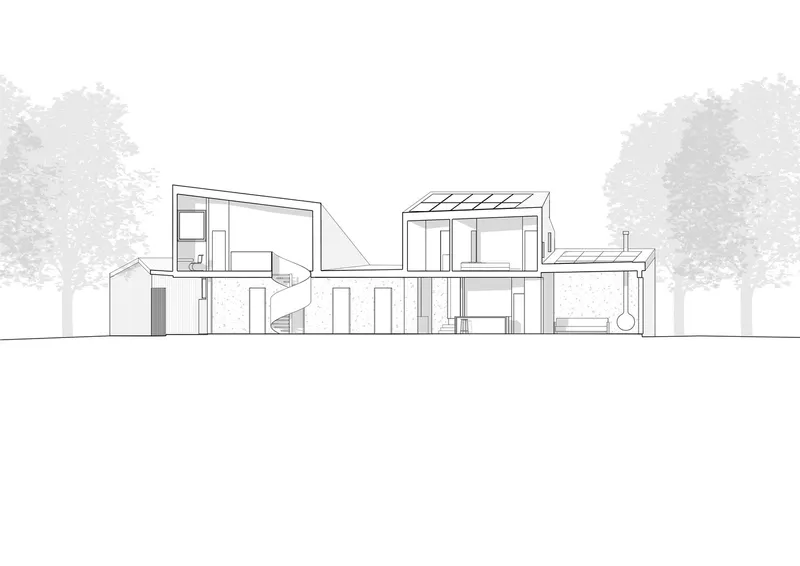 Section drawing revealing interior spaces with a spiral stair flanked by trees in the background