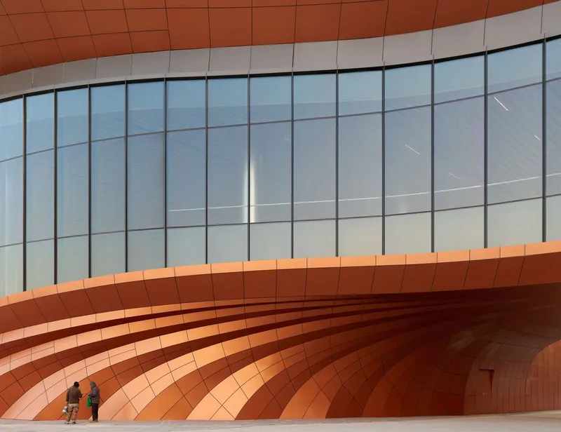 Interior hall with curving tiled walls in graduated terracotta tones beneath a tall glazed curtain wall