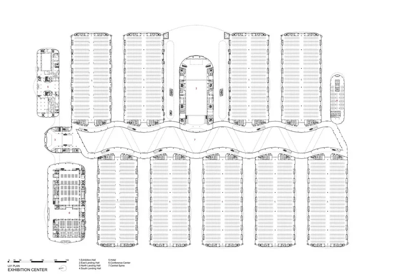 Floor plan drawing revealing the repetitive exhibition hall layout with undulating central circulation spine