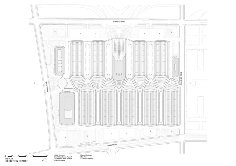 Site plan drawing showing twelve barrel-vaulted exhibition halls arranged in two rows between two roads