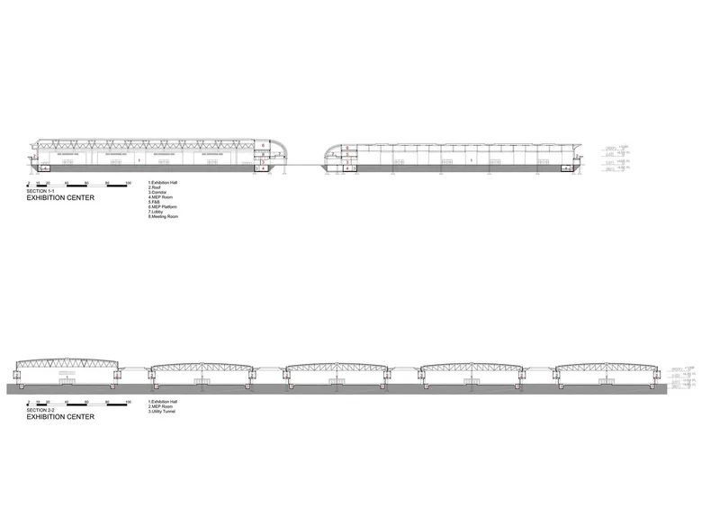 Longitudinal section drawings showing the arched roof trusses spanning the exhibition hall interiors