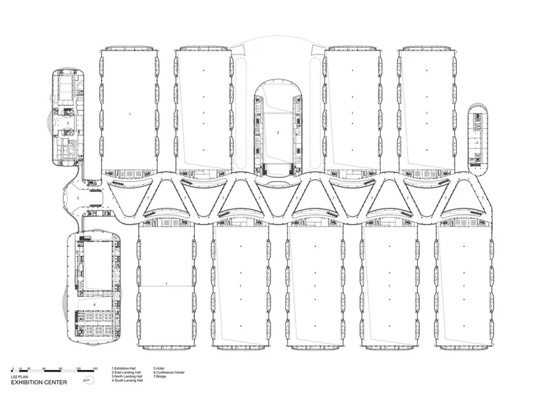 Floor plan drawing showing the upper level of the exhibition halls with curved connecting bridges