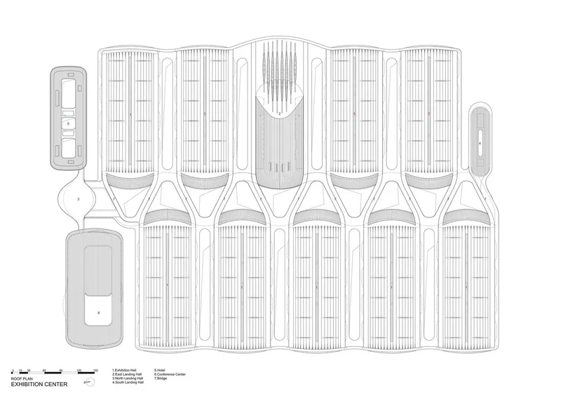 Roof plan drawing depicting the parallel barrel vault forms with vertical striations and service cores