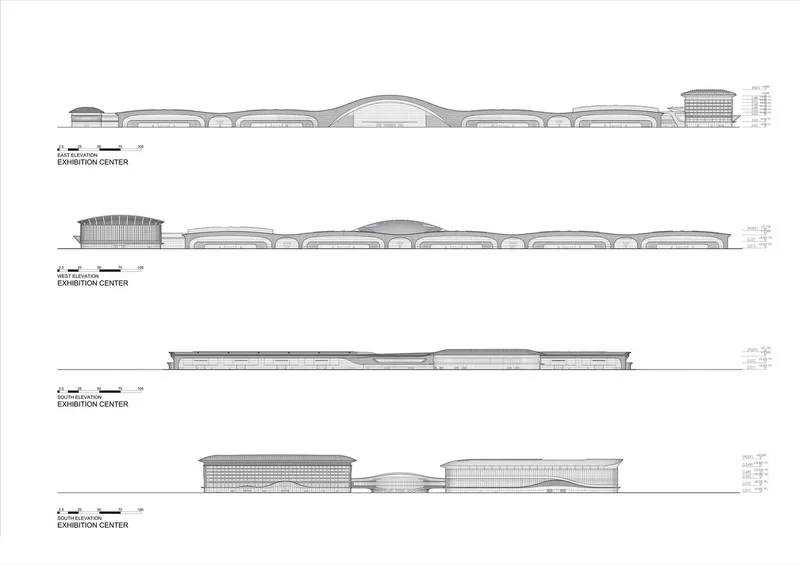 Elevation drawings showing the varying profiles of the barrel-vaulted roofs and low service wings