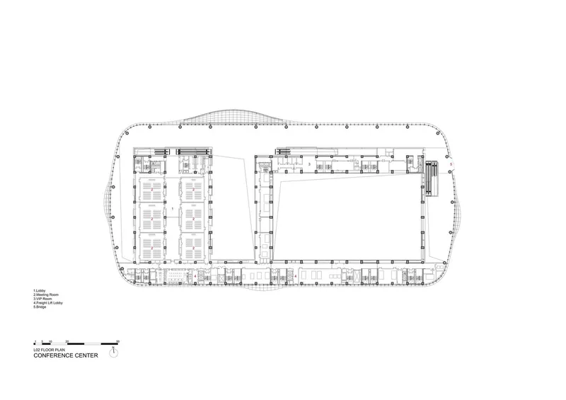 Floor plan drawing depicting two conference halls flanking a central open hall within a curved perimeter