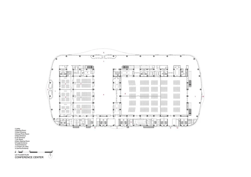 Floor plan drawing showing a rounded rectangular footprint with meeting rooms and a large central hall with seating