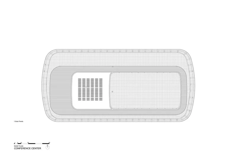 Roof plan drawing illustrating the rounded rectangular outline with rooftop solar panels at one end