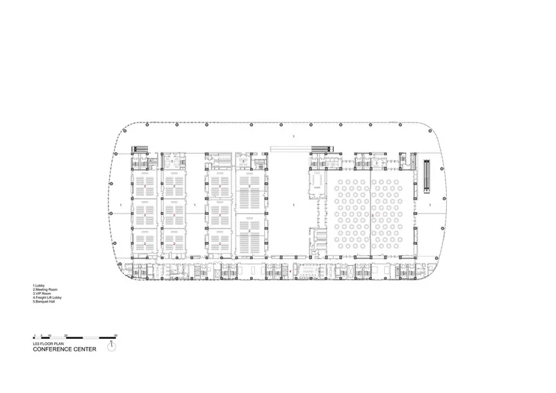 Floor plan drawing showing multiple meeting rooms and a banquet hall with circular table arrangements