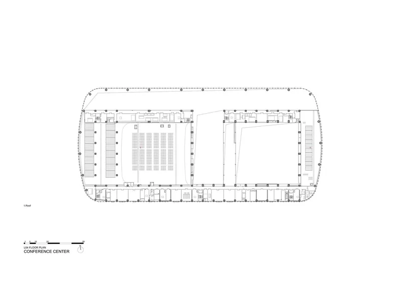 Floor plan drawing revealing a large open hall with an auditorium and perimeter service spaces