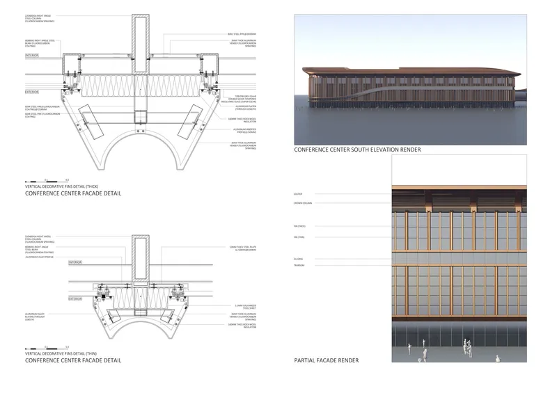 Construction detail sections and elevation renders showing timber slat facade system and concrete structure