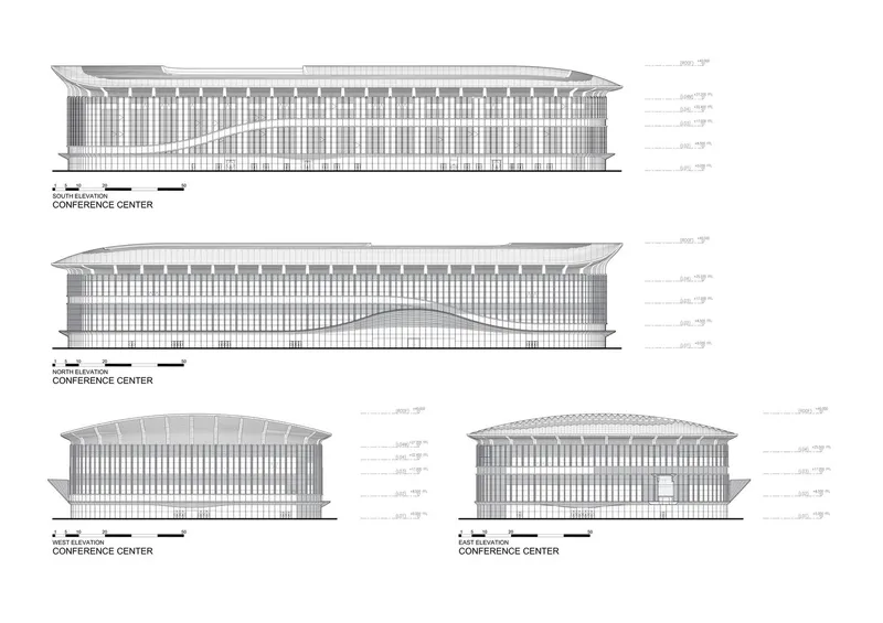 Elevation drawings showing four facades with vertical slat screens and varied roof geometries