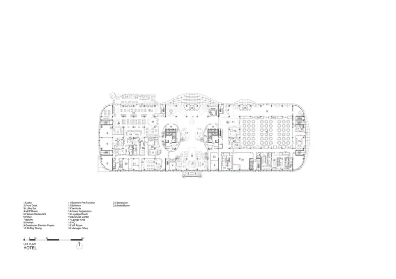 Floor plan drawing showing rectangular layout with domed central spaces and perimeter guest rooms