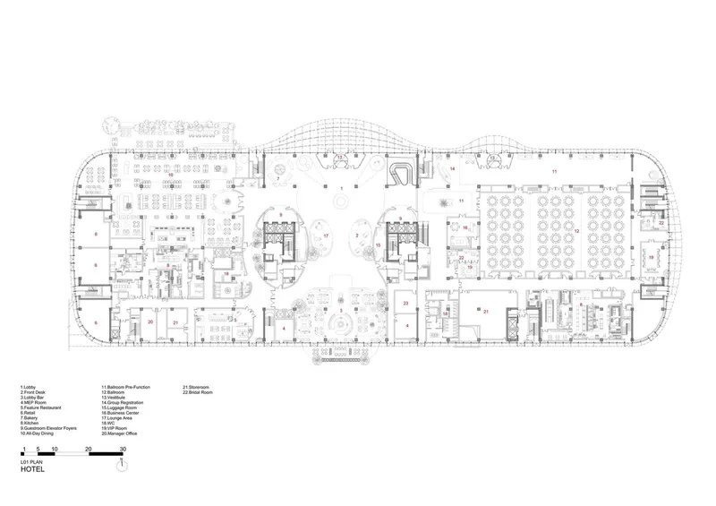 Floor plan drawing displaying symmetrical arrangement of function rooms flanking a central atrium space
