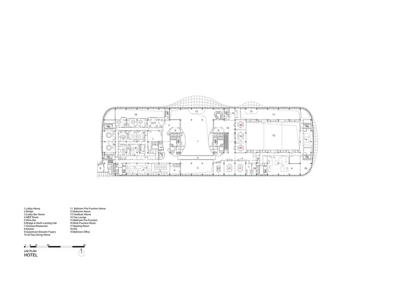 Floor plan drawing showing upper level with service areas and arched roof volumes