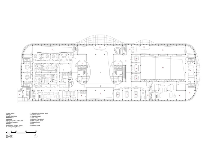 Floor plan drawing depicting level with multiple dining areas and curved facade edges
