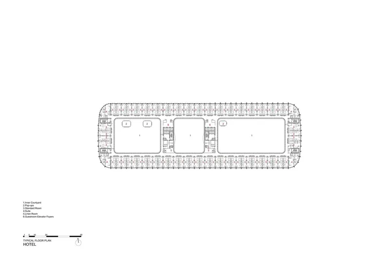 Floor plan drawing of an elongated hotel with three central courtyards and perimeter guest rooms
